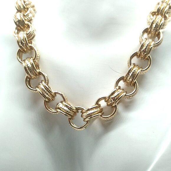 Cable Link Chain Necklace Textured & Smooth Interwoven Round Links Gold-tone - Picture 8 of 12
